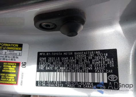 2019 Toyota Corolla Le from USA, damaged, VIN 2T1BURHE0KC206736